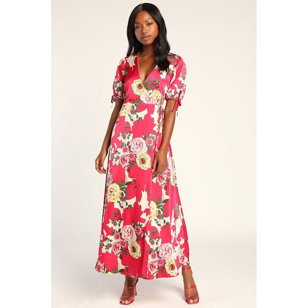 Lulus Cottage Romantic Rose Floral Wrap Maxi Dress Small Magenta Pink Date Night